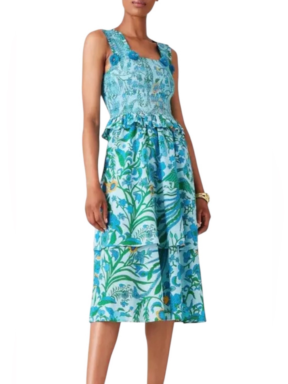 FIGUE Sicilia Made in India Blue Floral Sleeveless Smocked Dress Small